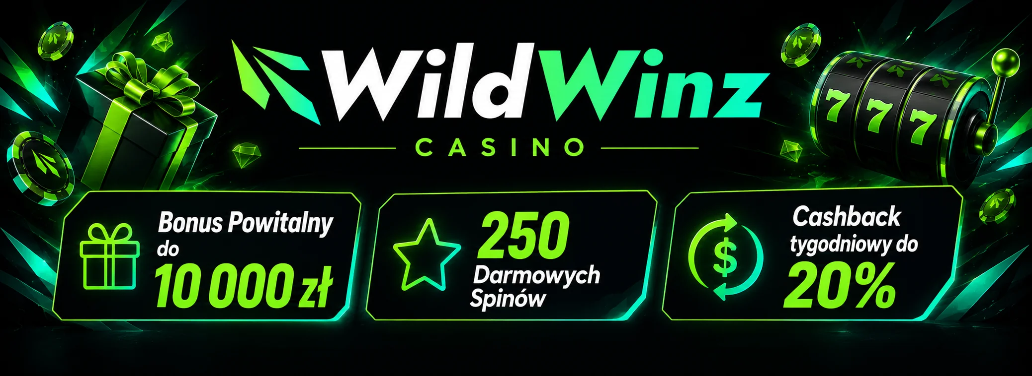 Baner bonusu powitalnego WildWinz - do 10 000 zł i 250 darmowych spinów na pięciu depozytach